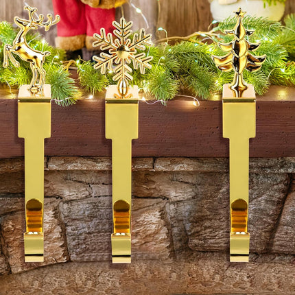 Christmas Stocking Holders - Set of 6 Snowflake, Reindeer, Tree, Snowman, Bell & Wreath for Mantel Decoration Silver Gold