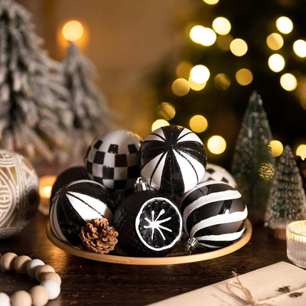 Valery Madelyn Christmas Ball Ornaments Set, 9ct Black and White Shatterproof Boho Christmas Tree Decorations, 2.76 Inch Large Modern Hanging Ornaments Bulk for Xmas Holiday Party Decor