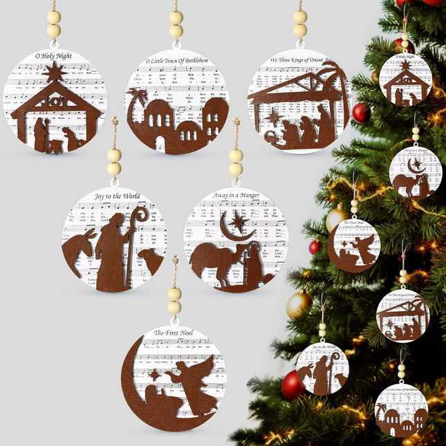 12 PCS Nativity Scene Wooden Christmas Ornaments Set, Religious Christmas Tree Ornaments Music Christmas Decorations, Hanging Xmas Tree Ornaments Bulk Christian for Family