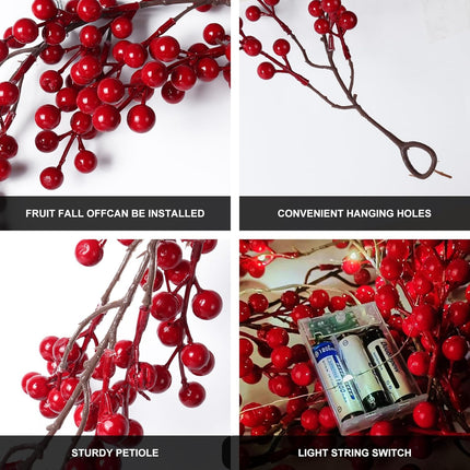RECUTMS Artificial Berry Christmas Garland Faux Fireplace Garland Fake Hanging Garland with 30 LED Fairy String Lights Indoor Outdoor Wedding Arch Home Garden Party Fireplace Wall Decor (Red)