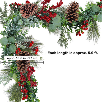 Winlyn 6' Long Artificial Eucalyptus and Pine Christmas Garland with Pine Cones Red Berries Pine Needles Winter Greenery Garland Christmas Season Holiday Wedding Table Runner Centerpiece Mantel Decor