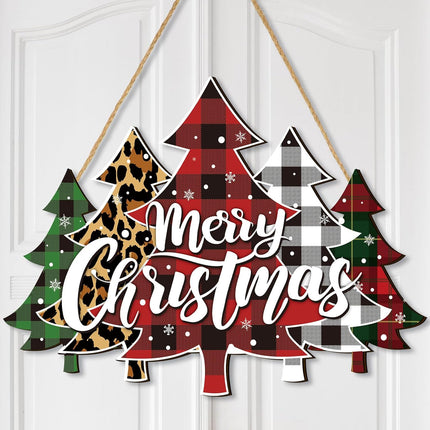 BBTO Merry Christmas Door Sign Buffalo Plaid Tree Wood Decor Farmhouse Hanging Plaque for Porch Xmas Front Outdoor Home Decor(Tree Style)