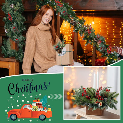 200 Pcs Christmas Artificial Pine Needles Branches Garland Red Berries Stems Greenery Pine Picks with Pinecone Artificial Pine Picks with Red Berries and Natural Pinecones for DIY Wreath