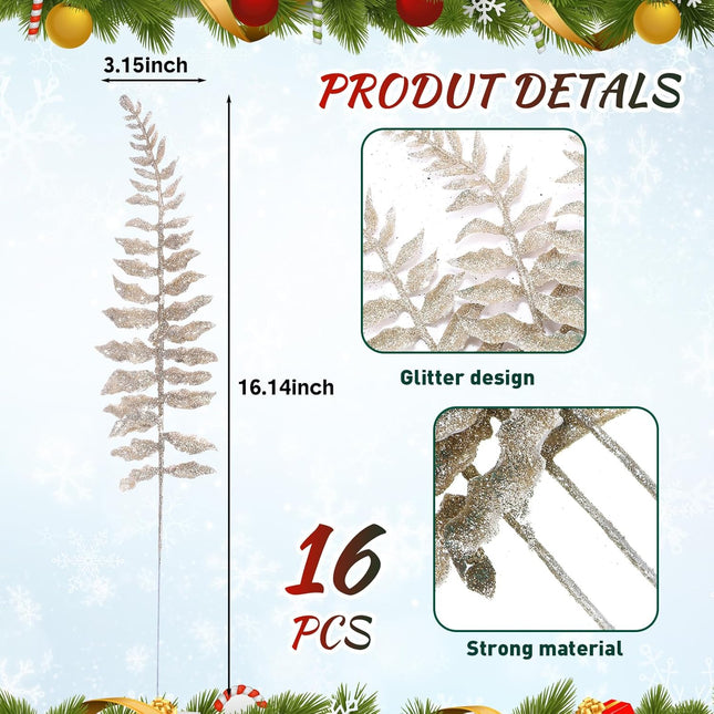Yunsailing 16 Pcs Christmas Tree Picks and Sprays Artificial Tropical Leaf Christmas Tree Decorative Sprays Glitter Leaf Garland Flashing Picks DIY Bouquet Stem Floral Branches for Xmas(Champagne)