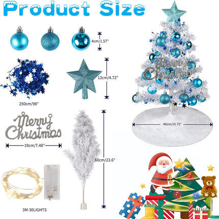 60CM Mini Christmas Tree,Artificial Christmas Tree with Hanging Ornaments,Christmas Tree Skirt,Christmas Ball Desktop Xmas Tree for Home, Kitchen, Dining Table DIY Christmas Decorations (White)