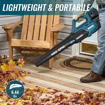 Leaf Blower，WESCO 40V Max Cordless Leaf Blower with Battery and Charger, 420 CFM, 2Pcs 2.0Ah Li-ion Battery Electric Leaf Air Blower,Charger,Handheld Sweeper for Blowing Leaves,Dust,Debris,Snow Blower