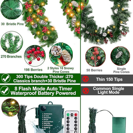 Remote Control&Timer 8 Modes-9 Ft by 10 Inch Prelit Christmas Garland Decorations 50 Warm White Lights Lighted Cedar Garland 300 Branch 198 Red Berries 18 Pinecone Mantle Xmas Garland Christmas Decor
