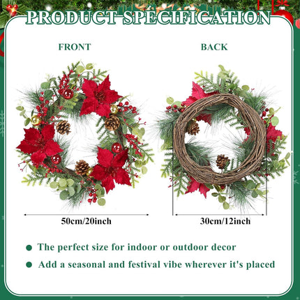 SHACOS 20 inch Artificial Christmas Wreath with Poinsettia Decorated with Green Eucalyptus Pine Cones Red Berries Christmas Balls Pine Needle, Xmas Wreaths for Indoor Outdoor Festival Home Decor