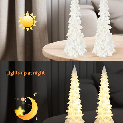 iStatue Tabletop Christmas Tree Decoration 8.3'' Tall - Set of 2 Mini White Resin LED Trees with Intricate Details Figurines - Indoor Holiday Light Decor and Xmas (Trees)