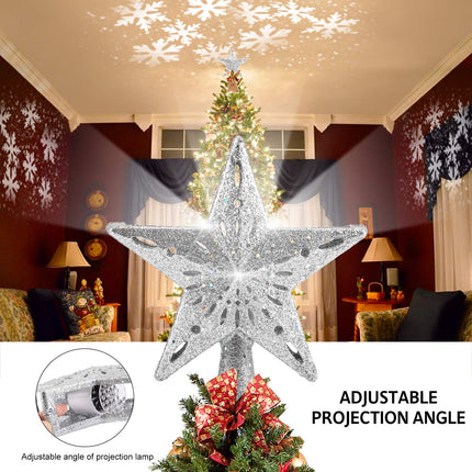 BLOOMWIN Christmas Tree Topper Lighted with Snowflake Projector, LED Rotating Hollow Snowflake, 3D Glitter Lighted Silver Snow Tree Topper for Xmas Tree Festival Decorations Lights