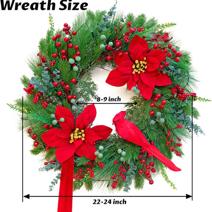 Pre-Lit Christmas Wreaths for Front Door 24 Inch Christmas Wreath with Lights,Large Winter Wreath with Cardinal Birds,Poinsettia,Green Evergreen Pine Needles Red Berries Holiday Wreath Decor