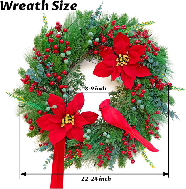Pre-Lit Christmas Wreaths for Front Door 24 Inch Christmas Wreath with Lights,Large Winter Wreath with Cardinal Birds,Poinsettia,Green Evergreen Pine Needles Red Berries Holiday Wreath Decor