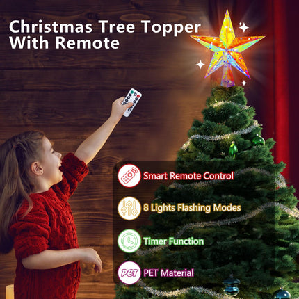 Christmas Tree Star Topper 11.8" PET Christmas Tree Topper Lighted with Remote Multicolour 20LED Lighted Treetop Decorate for Xmas Decorations Ornaments Holiday Party Indoor Decor