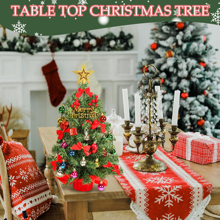 HMASYO Small Christmas Tree with Lights and Ornaments, 22 Inch Green Tabletop Mini Christmas Tree with Light, Star Topper, DIY Artificial Table Top Xmas Tree for Holiday Indoor Home Decoration