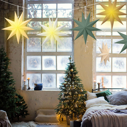 Riakrum 10 Set Christmas 3D Paper Star Lantern Sage Green Hanging Paper Lanterns Lampshade 24 Inch 12 Inch 9 Pointed Paper Star Lantern with Light String for Xmas Wedding Birthday Party Decor
