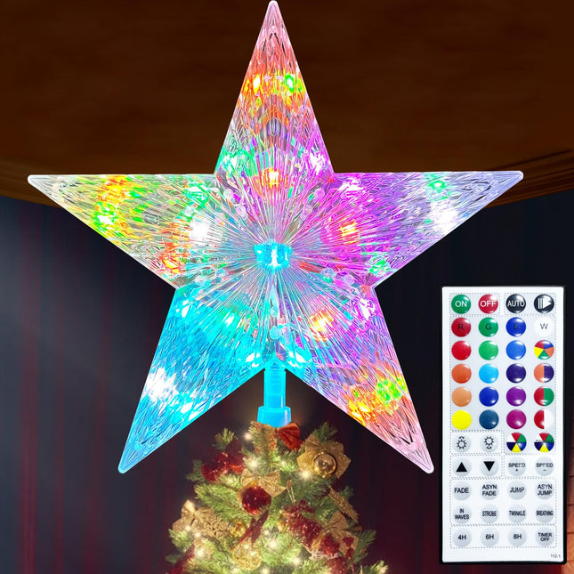 Christmas Tree Topper Star 9.0" LED Lighted Star Tree Top w/Remote Control, 128 Light Modes, Color Changing, Dimmable, Timer, USB Plug in, Wire 16.4Ft Treetop for Xmas Holiday Party Decorations