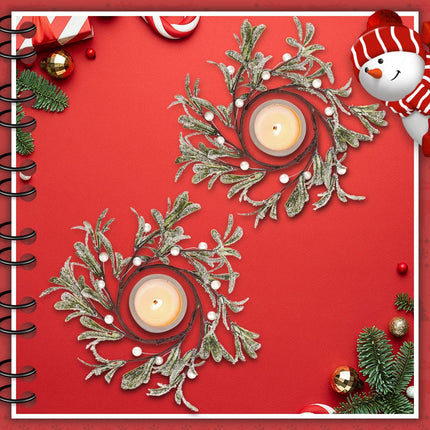 Christmas Mistletoe Candle Rings, 2 Pcs Pillar Candle Rings Wreaths Artificial Mistletoe Wreaths with Pearl Accents Country Primitive Candle Wreath for Winter Holiday Wedding Table Party Decor (White)
