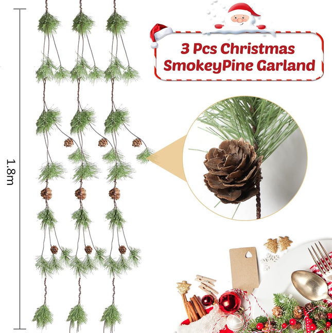 3 Pcs 6 ft Christmas Pine Garland with Pine Cones Green Christmas Decor Artificial Christmas Garland Modern Holiday Garland Winter Mantle Decor Garland Greenery Pine Tree Decor for Table Fireplace