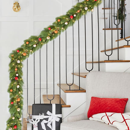Christmas Pine Garland with 50LED Lights and 24pcs Balls, 6Ft Christmas Greenery Garland Realistic Cedar Artificial Cypress Garland for Holiday Mantel Fireplace Table Centerpiece Decor