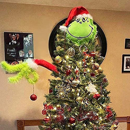 Christmas Elf Body Decorations Elf Arm for Christmas Tree Christmas Thief Stole Furry Green Arm Burlap Pose-able Plush Arm for Tree Tree Topper (Elf Arm)