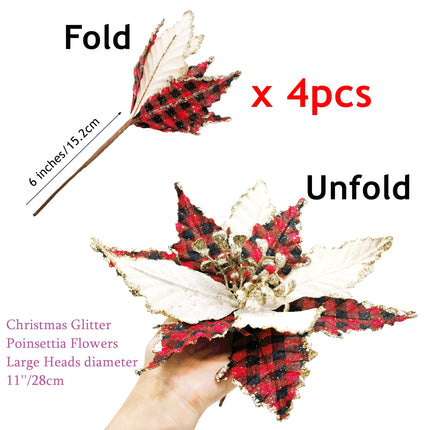 M2cbridge Large Christmas Poinsettia Glitter Foldable Christmas Flowers Floral Picks Stems for Christmas Tree Decorations Wedding Centerpiece (4pcs Buffalo Plaid)