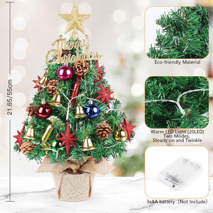 Tabletop Christmas Tree 21.65 Inch Mini Artificial Christmas Tree with 20 LED String Lights, Star Tree, Pine Cones Ornaments, Small Xmas Tree for Holiday Indoor DIY Christmas Decor