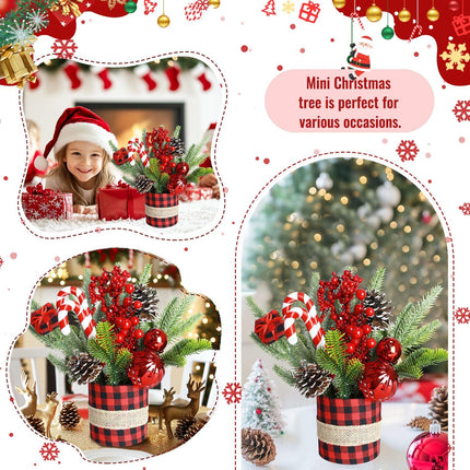 Small Tabletop Christmas Tree Artificial Mini Christmas Trees Small Red Buffalo Plaid Christmas Tree with Ornaments Desktop Xmas Tree Christmas Table Centerpieces for Xmas Holiday Decorations