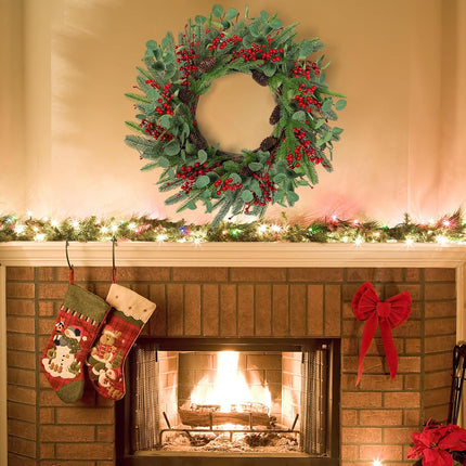 Dremisland 24 Inch Artificial Christmas Wreath for Front Door Xmas Red Berry Wreath with Pine Needles Cones Winter Eucalyptus Wreath Christmas Decorations for Wall Window Home Holiday Xmas Decor