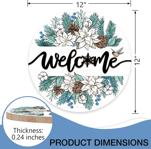 Deroro Welcome Winter Pine Branches Front Door Sign, White Poinsettia Pine Cone Snowflake Wood Door Hanger Outdoor Outside Porch Decor, Christmas Garland Wooden Wreath Indoor Wall Hanging Decoration