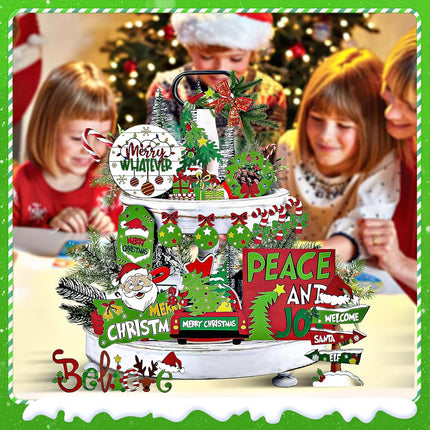 Christmas Tiered Tray Decor Set Gnomes Farmhouse Decor Winter Snow Wooden Signs Indoor Rustic Xmas Green Table Wreath Snowmobile Santa Claus Hat Tabletop for House Kitchen Party Festival