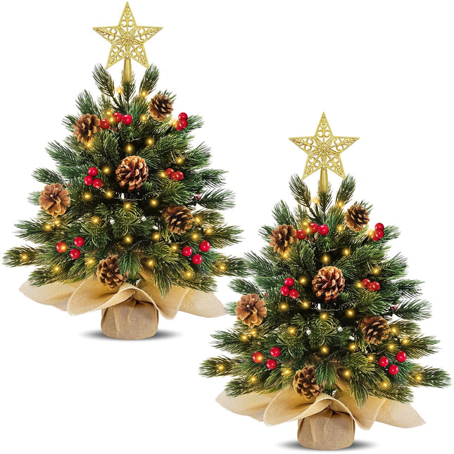 2 Pack 18 Inch 60 LED Realistic-Feel PE Thick Tabletop Christmas Tree Warm Lights with Timer Battery Operated Cedar Norfolk PE Pine Spruce Mini Small Christmas Tree Red Berry Pinecone Star Xmas Decor