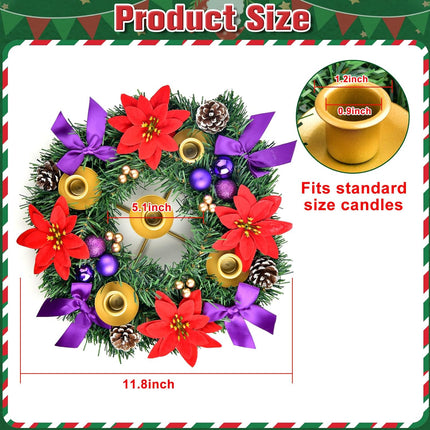 12 Inch Christmas Advent Wreath 5 Candle Holder with Metal Candle Cups for Taper Candles Fire Retardant Centerpiece Decorations for Table Indoor Home Church(No Candles)