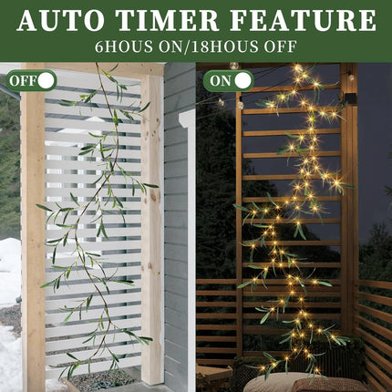 Vanthylit Lighted Artificial Olive Garland, 6FT LED Faux Greenery Vine Garland Lights Battery Operated with Timer for for Mantel Fireplace Wedding Christmas Holiday Home Decor