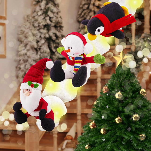 4pcs Lighted Christmas Stairs Decorations Christmas Garland for Stairs Staircase Xmas Decor Sliding Penguin/Santa/Snowman Surf on 5 Feet Fluffy Snow Handrail Banister Railing Holiday Snow Surfing Set