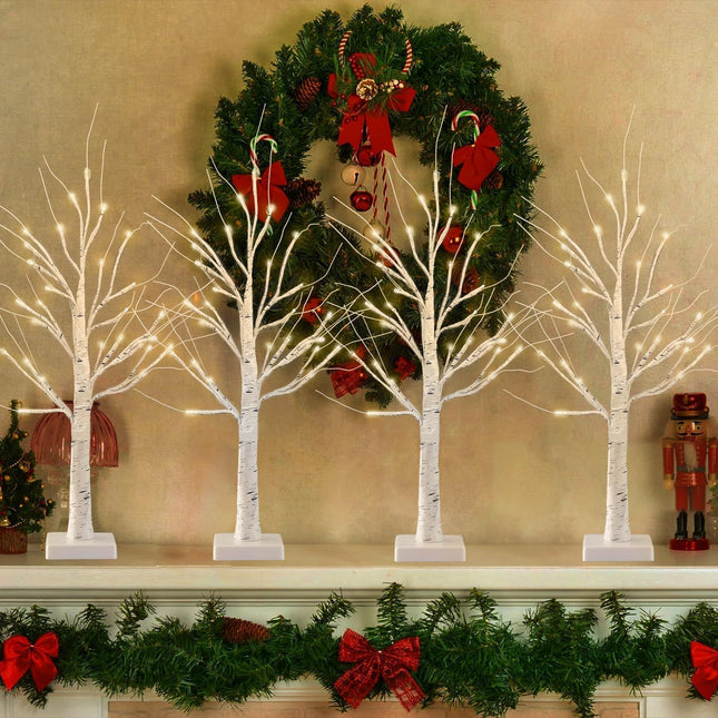 Albelt 4-Pack Lighted Birch Tree for Tabletop, 2FT Christmas Birch Tree Lights, 24 LEDs Warm White Pre-lit Birch Tree for Xmas Indoor Bedroom Home Wedding Holiday Decoration