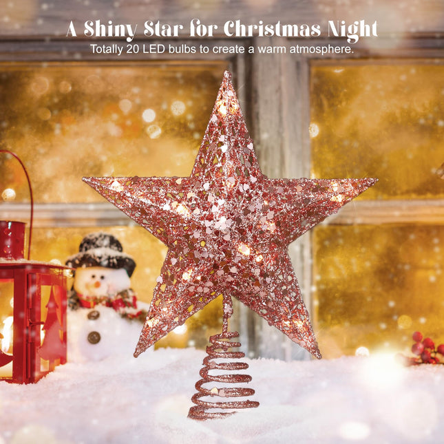 Lewondr Christmas Star Tree Topper, 11.4inch Sequins Xmas Tree Topper with 6H Timer & 8 Light Modes, Remote Control & USB Powered Star Treetop for Home Christmas Tree Decoration, 20 LED Bulbs, Pink