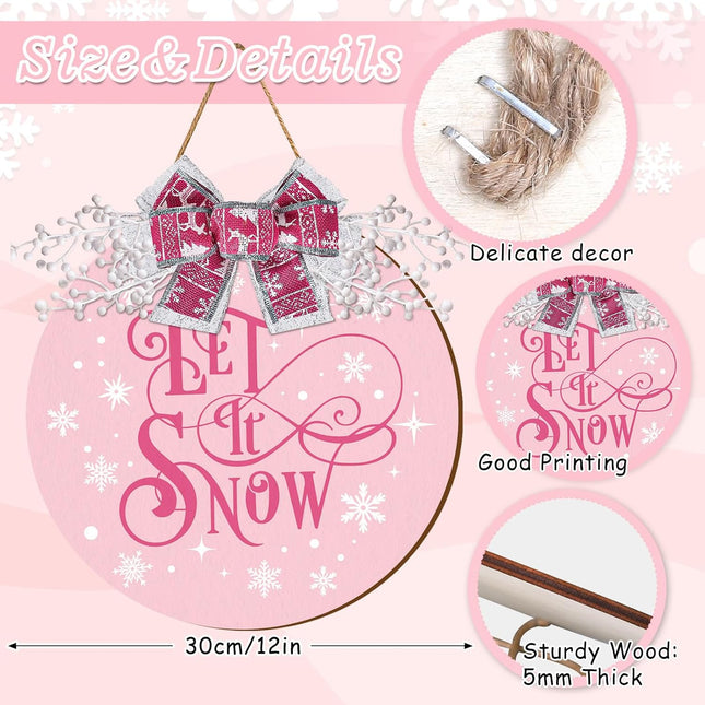 Whaline Christmas Welcome Sign Pink Let It Snow Wooden Hanging Sign Xmas Winter Snowflake Door Wreath Decor with Bow Berries for Indoor Outdoor Home Farmhouse Porch Wall Window Decor