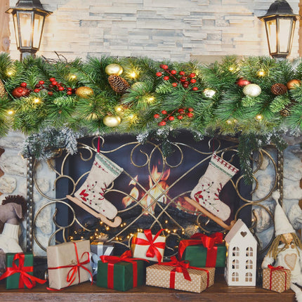 Aokia 9FT Pine Christmas Garland with 50LED Ligths,Pre-Lit Lighted Garland Decorated with Pine Cones,Red Berry Pine Cones and Ball Ornaments for Indoor Home Winter Holiday Year Xmas Decorations