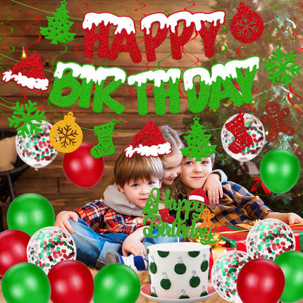 Christmas Birthday Decoration Happy Birthday Banner Christmas Cake Topper Red Green Hanging Swirls Balloons for Merry Christmas Tree Winter Snow Happy Year Theme Party Supplies