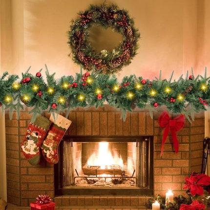 9 Ft Pre-Lit Christmas Decorations Garland with 50 Lights, Holiday PE Mixed Garland with Pine Cone Red Berry Christmas Ball Garlands for Indoor Home Holiday Year Xmas Decorations