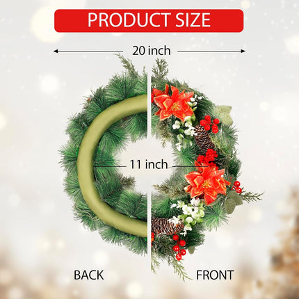 QBA 20 Inch Christmas Wreath for Front Door, Handmade Artificial Wreath with Red Poinsettias Pine Cones Berry Pine Needles for Fireplace Windows Staircase Wall Indoor Outdoor Xmas Decor