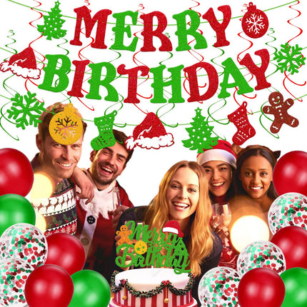 Christmas Birthday Decorations Merry Birthday Banner Christmas Cake topper Red Green Hanging Swirls Balloons for Merry Christmas Tree Winter Snow Happy Year Theme Party Supplies 46 PCS