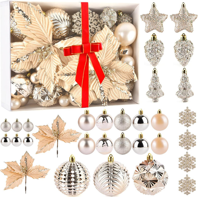 60 Pcs Christmas Ball Ornaments Set,Champagne Gold Shatterproof Plastic Christmas Tree Ornaments Balls for Indoor and Outdoor Holiday Party Wedding Thanksgiving Christmas Decoration