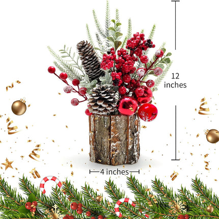 Small Christmas Tree, Artificial Mini Christmas Table Decorations with Pine Cones Red Berries Christmas Ornaments for Home Party Christmas Decorations Winter Indoor Outdoor