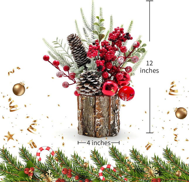 Small Christmas Tree, Artificial Mini Christmas Table Decorations with Pine Cones Red Berries Christmas Ornaments for Home Party Christmas Decorations Winter Indoor Outdoor