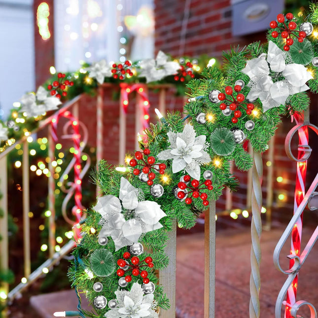 Pre-lit Artificial Christmas Garland, Green Rattan with Silver Flower Decorations and Battery Operated LED Lights for Home Stairs Fireplace Front Porch Door Display Indoor Outdoor Christmas Decor -9FT