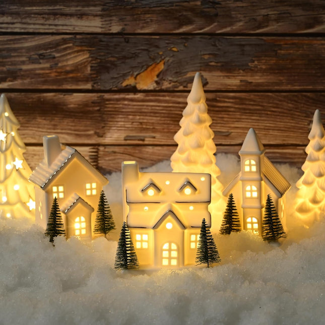 Ceramic White Christmas Village Houses, 3Pcs Light Up Small Porcelain Village House with 6Pcs Christmas Trees, LED Lighted Tabletop House Figurines for Home Decor, Winter Holiday DIY,