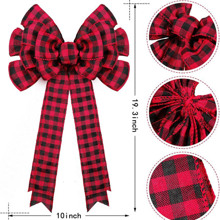 Chuangdi 4 Pieces Christmas Buffalo Plaid Bows 19.3x10 Inches Red Black Large Plaid Christmas Wreath Bows Xmas Buffalo Check Bows Ornaments for Christmas Tree Indoor Outdoor Decorations