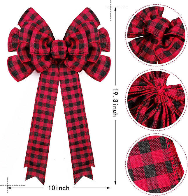 Chuangdi 4 Pieces Christmas Buffalo Plaid Bows 19.3x10 Inches Red Black Large Plaid Christmas Wreath Bows Xmas Buffalo Check Bows Ornaments for Christmas Tree Indoor Outdoor Decorations