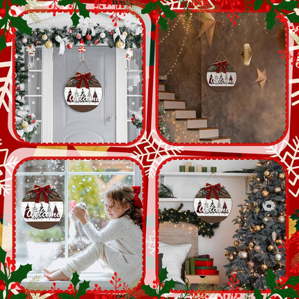 Boao Christmas Door Sign Merry Christmas Welcome Hanging Wall Sign for Front Door 11.8'' Round Xmas Tree Christmas Wreath Wooden Porch Sign with Bow Porch Farmhouse Home Wall Decor(Novel)
